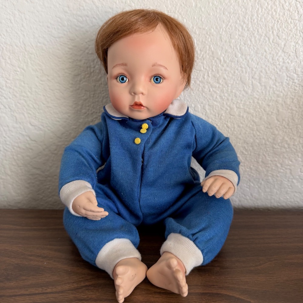 Vintage Porcelain Baby Boy Doll Realistic Blue Eyes Red Hair Signed Dianna E